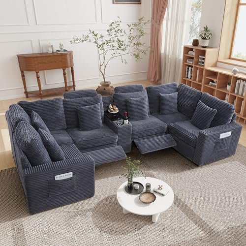 Image of RARZOE Oversized Modular Sectional Sofa with 2 Power Recliner, 6-Seater U-Shaped Corduroy Reclining Couch with Storage Console Charging Cup Holders, Fluffy Comfy Cloud Sofa Couch for Living Room,Grey