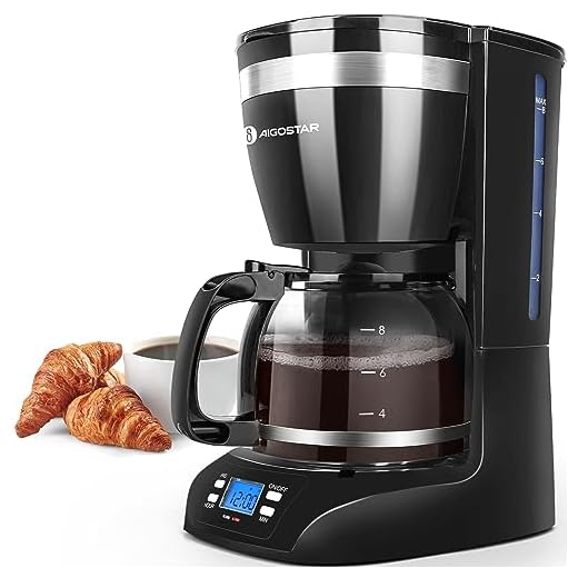 Aigostar 8 Cup Coffee Maker, Drip Coffee Maker with Glass Carafe, Programmable Coffee Maker, 24H Timer and Anti-Drip System, Auto Keep Warm with Permanent Filter, Electric Coffee Pot, Black