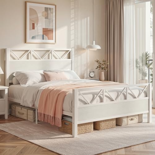 Image of LIKIMIO Queen Bed Frame, Tall Modern Headboard 51.2 inch, Platform Bed Frame with Strong Metal Support, Solid and Stable, Noise Free, No Box Spring Needed, Easy Assembly, White