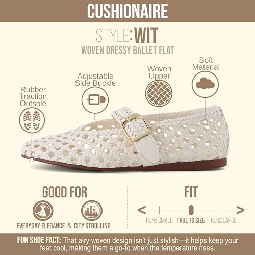 Image of CUSHIONAIRE Wit Hand Woven Womens Flats, Comfortable Mary Jane Ballet Flat with Adjustable Buckle Braided Strap and Cushioned Memory Foam