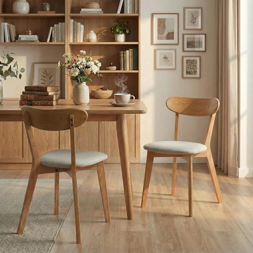 Image of 100% Solid Wood Dining Chairs,Mid Century Modern Dining Chairs with Rounded Backrest,Kitchen,Dining Room Chairs Set of 1 /2 /4 (2, Original Color White Upholstery)