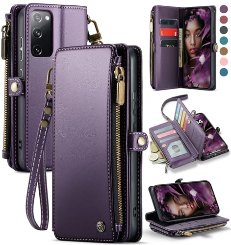 Defencase Compatible with Samsung Galaxy S20 FE 5G Case Wallet with RFID Blocking Card Holder for Women Men, PU Leather Magnetic Snap Flip Zipper Strap Wallet Phone Case Fit for Galaxy S20 FE, Purple