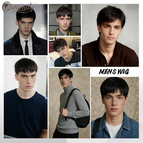 Image of Creamily Black Short Straight Hair Wig for Men, Natural Looking Full Head Wig for Men, Comfortable Artificial Realistic Hair Wig Male for Daily Party (Black, 8 Inches)