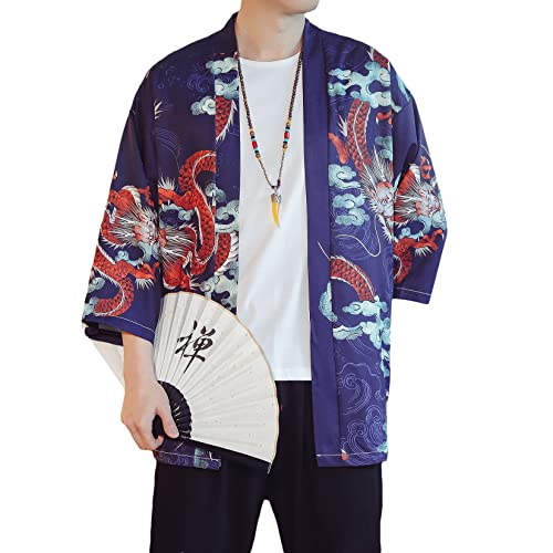 Image of PRIJOUHE Men's Lightweight Kimono Jacket Seven Sleeve Open Front Cardigan Coat Japanese Style Bathrobe