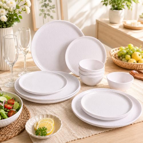 Image of Market99 Heavy-Duty White Hammered Melamine Dinner Set - 12 Pcs | Includes 4 Dinner Plates, 4 Side Plates & 4 Soup Bowls | Matte Finish Tableware for Daily Dining, Home Kitchen & Modern Meal Setup