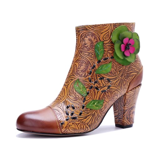 Bottines en cuir floral pour femme avec fermeture éclair latérale confortable