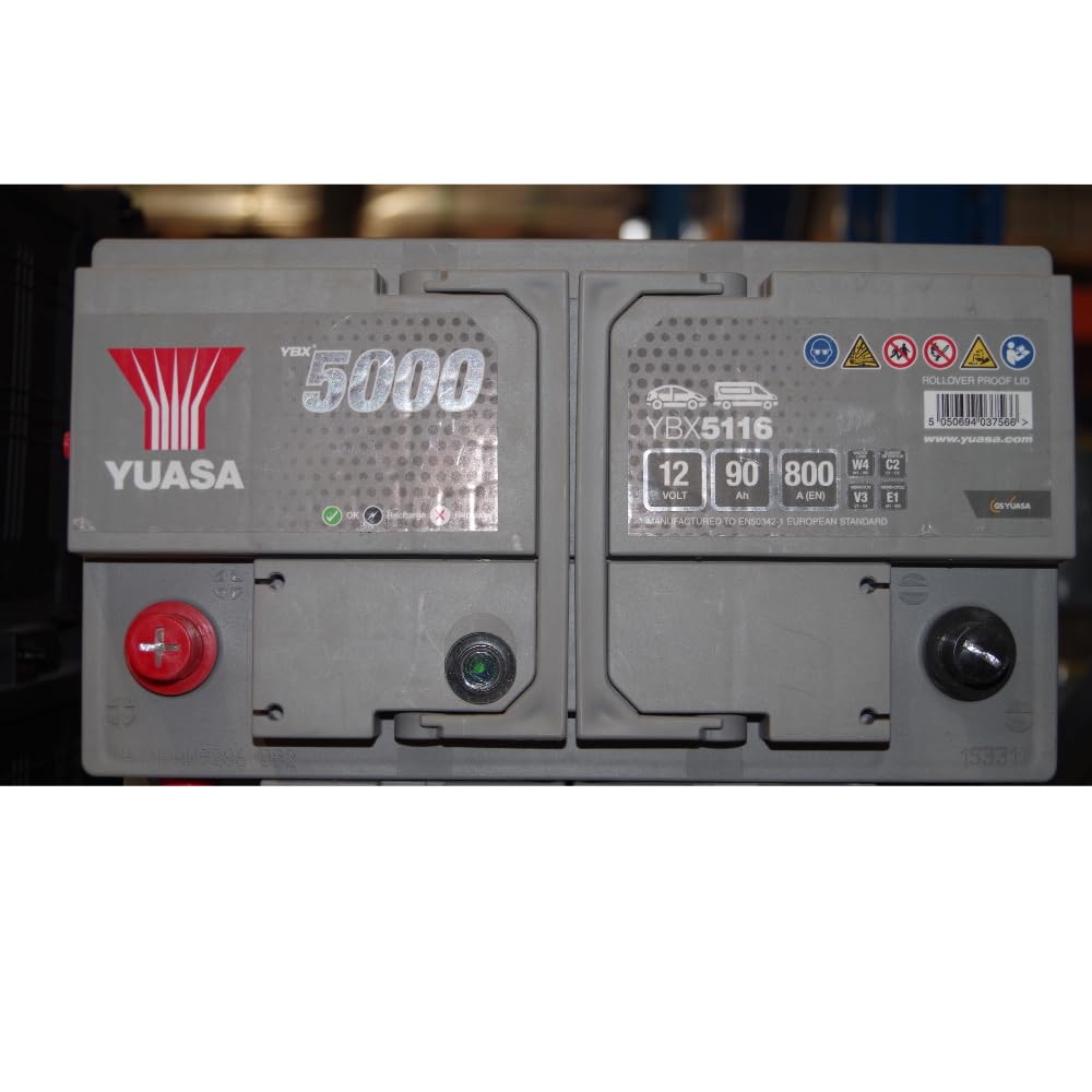 Yuasa YBX5116 - Batería de coche de alto rendimiento, 12 V, 90 Ah, 800 CCA, sellada en plata, sin mantenimiento