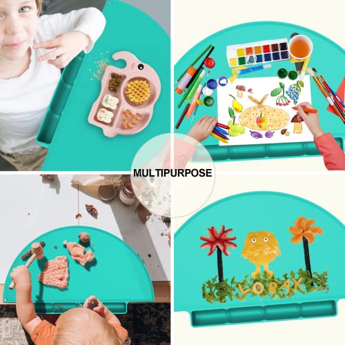 Dgitaor Silicone Suction Placemat For Toddlers, Non-Slip Kids Placemats For Dining Table, Baby Placemat With Food Cathing Pockets & Non-Slip Suction, Dishwasher Safe, Small & Large, Wathet (Wathet) #TOP4