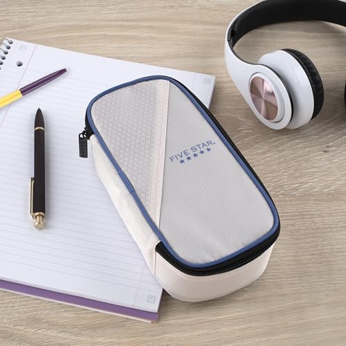 Image of Five Star Pencil Pouch Zipper High-Capacity Storage Organizer Case for Office Supplies Earbuds Chargers Cables Makeup, Tan /Blue (500212A)