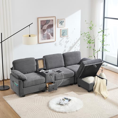 Canapé d'angle convertible 3 places en L, canapé modulable en velours côtelé avec pouf pour salon, console centrale amovible avec espace de rangement, port...