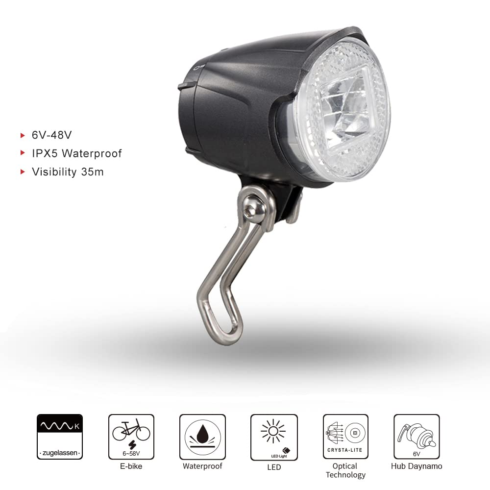 TIORU Phare LED Vélo Électrique Lumière Imperméable À l'eau IPX5 Anti-Glare Hub Dynamo E Bike Et E Scooter Light