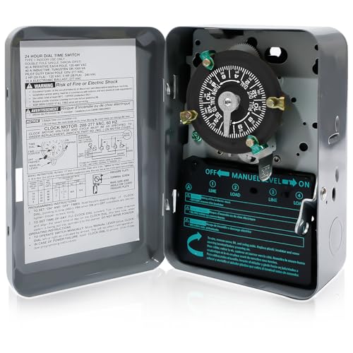 T104 Mechanical Timer Switch, Heavy Duty Electromechanical Outdoor Timer, 208-277 VAC 5HP 40A DPST...