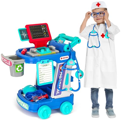 Alaxciax Doctor Toys Kit for Kids Aged 3 4 5, Pretend Doctor Playset Medical Station Set with Mobile Cart Doctor Costume Stethoscope Medical Toys for Toddlers Boys Girls