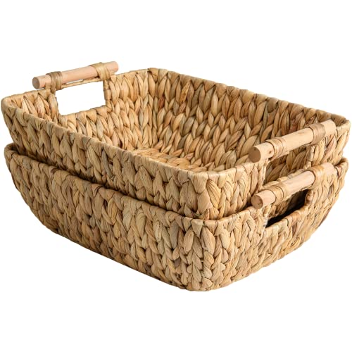 StorageWorks Hand-Woven Storage Baskets with Wooden Handles, Water Hyacinth Wicker Baskets for Organizing, 2 Pack