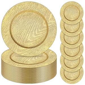 Mifoci 50 Pcs Faux Wooden Charger Plates 13 Inch Round Rustic Plastic Plates Antique Design Bulk Decorative Chargers for Dinner Plates for Wedding Dinner Table Farmhouse Party Event (Gold)