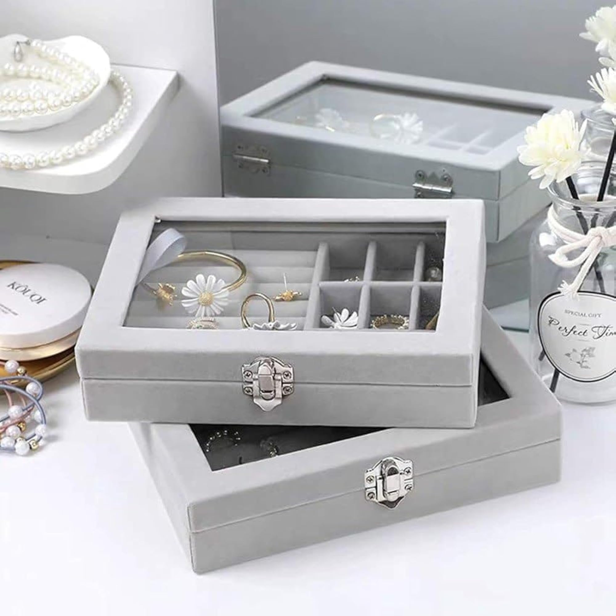 Transparent Velvet Cufflink and Ring Storage Case, Lockable