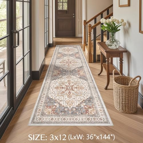 Tortania Area Rug 3x12 Runner Rugs - Washable Vintage Oriental Farmhouse Thin Indoor Carpet for Living Room Bedroom Hallway Entryway Kitchen Under Dining Table Home Office - Orange Multi