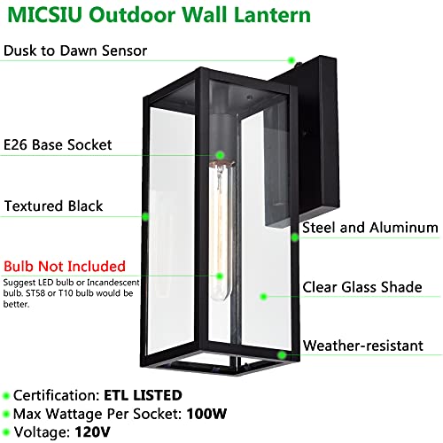 Image of MICSIU Dusk to Dawn Slim 5 inch W Black 14.5 inch H Outdoor Wall Sconce Farmhouse | 2-Pack Weatherproof Exterior Wall Lantern with Clear Glass, Rustic Outside Porch Lights for House Garage Entryway