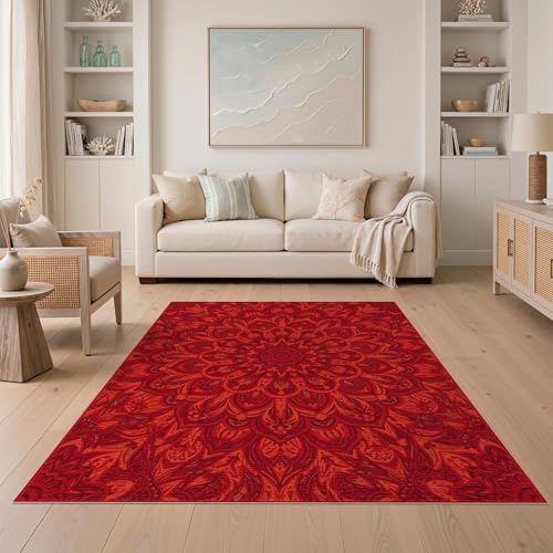 ODIKA 5'x7' Washable Bohemian Medallion Area Rug, Burgundy Non-Shedding Pet Friendly Carpet Easy Care Kids Safe Mat for Small Living Room, Playroom, Bedroom | Ref:2001454