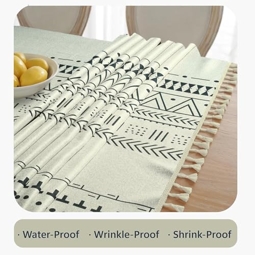 Image of Cortina Tablecloth for Dining Table Waterproof Table Cover, Cotton Linen Fabric Rectangle Tablecloth (Boho-Black, 6 Seater) | Cotton linen fabric with waterproof surface for dining tables, rectangle shape, Boho-Black, sized for 6 seater