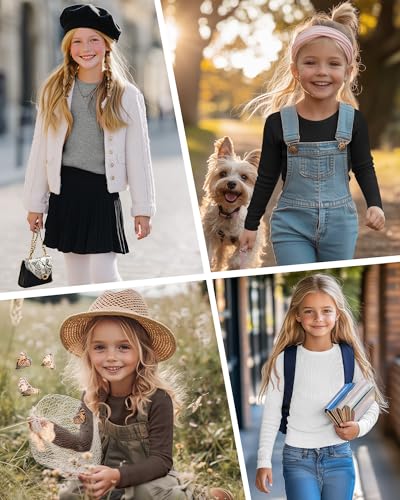 Image of 4 Pack Girls Long Sleeve Shirts Ribbed Knit Cotton Crewneck Tops Slim Fit Soft Casual Kids Base Layer Undershirts