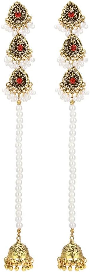 Missgrace Boho Indian Dainty Dangle Beads Faux Pearls long Large Green Red Silver Rhinestone Teardrop Earrings for Women Vintage Retro Chandelier Earrings Beaded Jhumka Jhumki Tassel Studs Traditional Silver Gold Plated Earrings for Women - Image 4