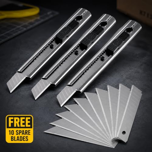 Image of Premium Stainless Steel Utility Cutter Set (3 Pieces) with FREE 10 Spare Blades. Heavy-duty, rust-resistant, sharp and durable for carton cutting, packaging, DIY, home and office use.