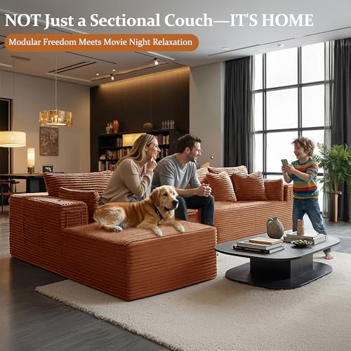 Image of 138 inch Cloud Sectional Couch, Comfort L Shaped Boneless Couch for Living Room, Extra Deep Seats No Assembly, Minimalist Modular Sofa, Corduroy (Deep Orange, 3 Seater+Right Facing Chaise)