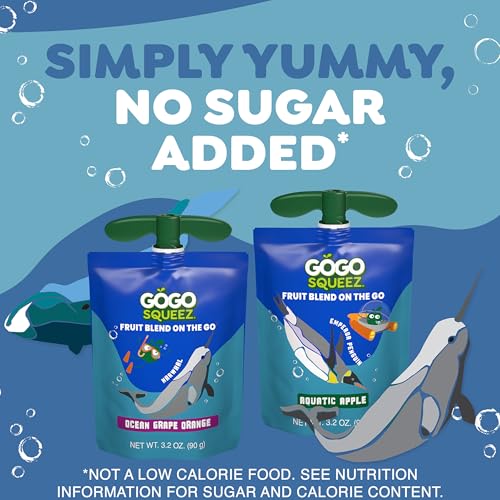 Image of GoGo squeeZ No Sugar Added Applesauce and Fruit Puree Underwater Species Discovery Pack, Aquatic Apple and Ocean Grape, 3.2 oz Pouches (Pack of 20), Fruit Snacks for Kids, Gluten Free, Nut Free, Recloseable Cap, BPA Free