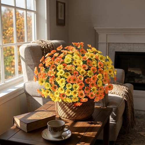 Image of HyeFlora Artificial Mums for Outdoors Fall Decor, 6 Bundles Fake Flowers UV Resistant Realistic Faux Flowers Bouquet Silk Flowers for Outside Planter Porch Patio Garden Yard Balcony Home, Mix
