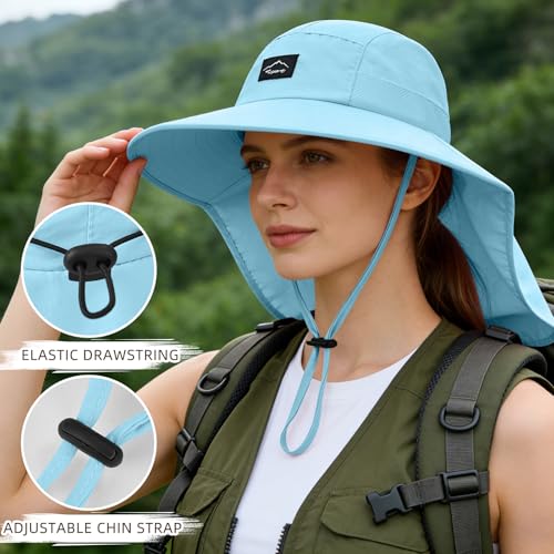 Image of Rosoz Outdoor Sun Hat for Men Women, UPF50+ Protection Safari Cap Wide Brim Mesh Fishing Hat with Neck Flap Beach Garden