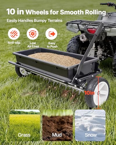 Image of VEVOR Tow Behind Lawn Spreader with Aeration Spikes, 32 in Spreading Width, Broadcast Spreader with Universal Hitch, Garden Seeder & Soil Aerator with 100lbs Capacity & 10 in Tires for ATVs UTVs