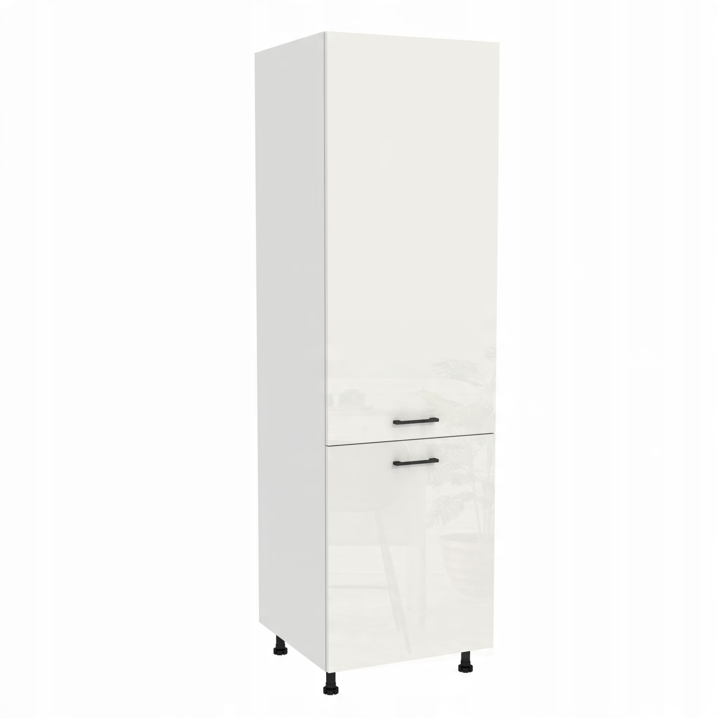 Kühlschrank Einbauschrank Capri 60x197x58 cm - Küchenunterschrank zweitürig mit Soft-Close - Fester Einlegeboden - Stabiler Küchenmöbel - Bausatz zum Selbstaufbau - Weiß Acryl Hochglanz/Weiß