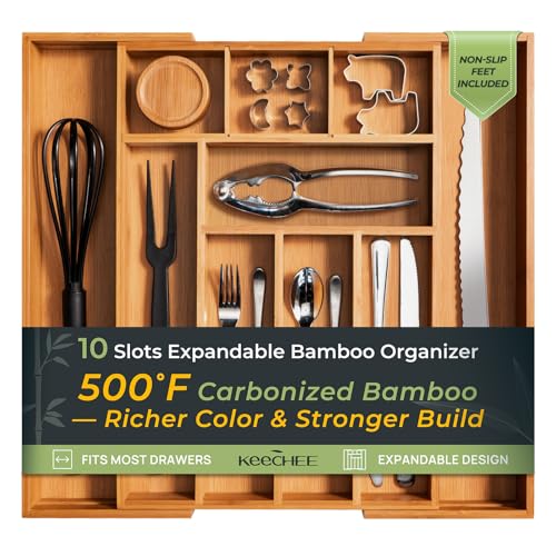 keechee Carbonized Bamboo Kitchen Drawer Organizer, 10 Slots...