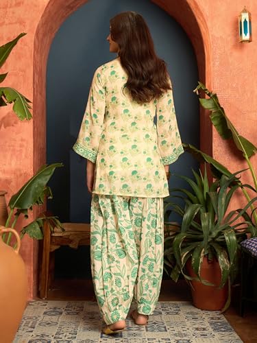 Image of EthnicJunction Women's Linen Floral Print Summer Wear Straight Short Kurti with Afghani Pant Set | Co Ord Set for Women Stylish | Fusion wear Women
