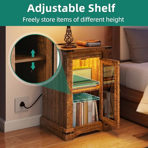 DWVO Farmhouse Nightstand with USB Charging Station & LED Lights, Adjustable Storage Bedside Table for Bedroom/Living Room, Brown