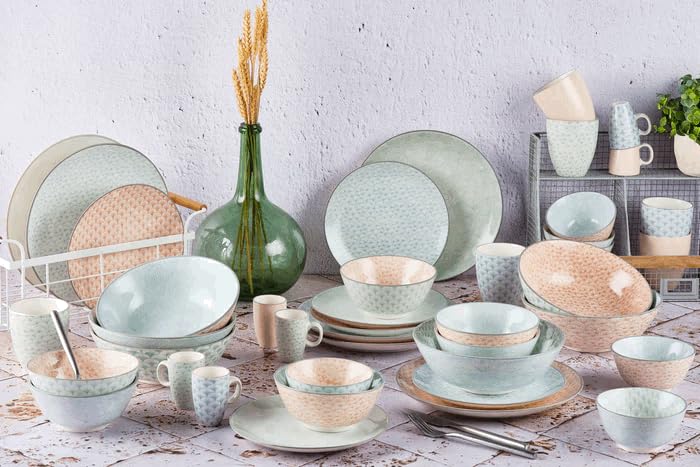 BJORN Service de Table Complet en Porcelaine Émaillée – Collection PATTERN Pastel – Vaisselle Dépareillée pour 6 Personnes, Assiettes et Arts de la Table
