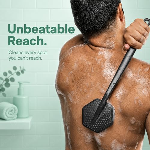 Image of Episkey Back Scrubber - Exfoliates & Deep Cleans - Silicone Shower & Bath Brightening Body Brush with Long Handle and Bespoke Bristles - Bathroom & Hygiene Accessory - Charcoal