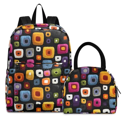 Abstract Cubes Print Backpack Set with Lunch Bag, Large Capacity Travel Backpacks and Lunch Box Insulated for Commute Hiking Picnic