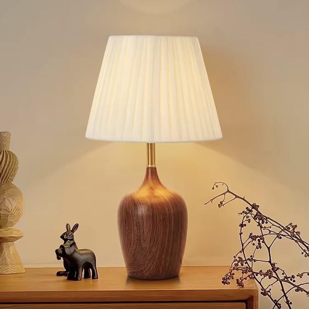 Mengjay Lampe de Table Chambre Vintage,Lampe de Table en Bois E27,Lampe de Bureau avec Abat-Jour en Tissu,Déco Veilleuse pour Chambre,Salon,Bureau,Hôtel,Café