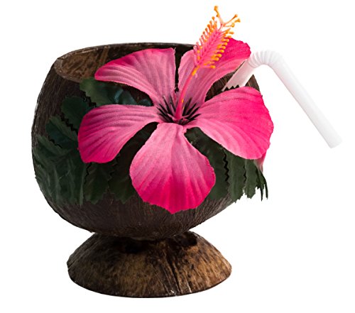 Tropical Hawaiian Luau Party Real Coconut Cup on Base w Flower & Straw, Brown