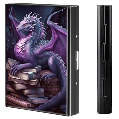 Metal Credit Card Holder Wallet, 6 Card Slots RFID Blocking Stainless Steel Wallet, Slim Metal Credit Card Wallet with Reliable Press Button Metal Wallet for Women Men, Book Purple Dragon