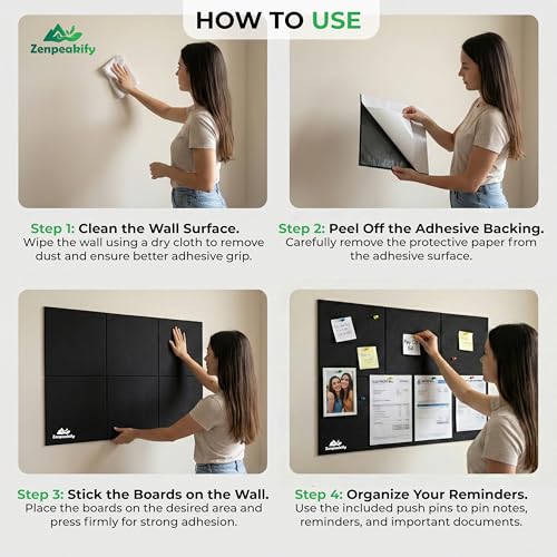 Image of Bulletin Board - 6 PCS Self Adhesive Notice Board for Office with 50 Push Pins, 30x30 cm Pin Board Set for Study Room, Vision Board and Display Board for office, Soft Board for Study Table.