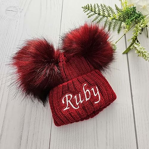 Personalized Baby Double Pom Pom Hat, Custom Name Winter Knitted Beanies for Toddler Kids Grils Warm Slouchy Winter Pompom Beanie Hats Black3