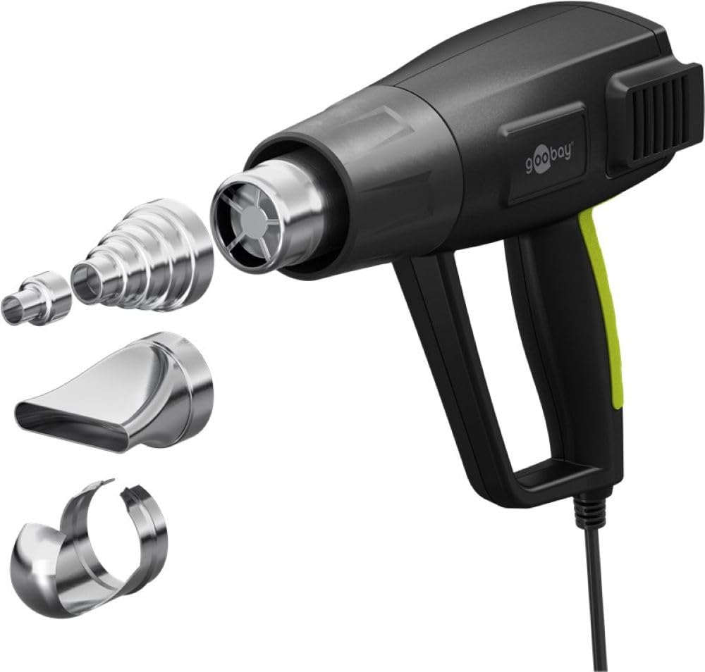 goobay Pistola de aire caliente 1500 W con pantalla LCD, control de temperatura ajustable (100–650 °C), 450 l/min, incluye 4 boquillas, ideal para bricolaje y reparaciones, 77823