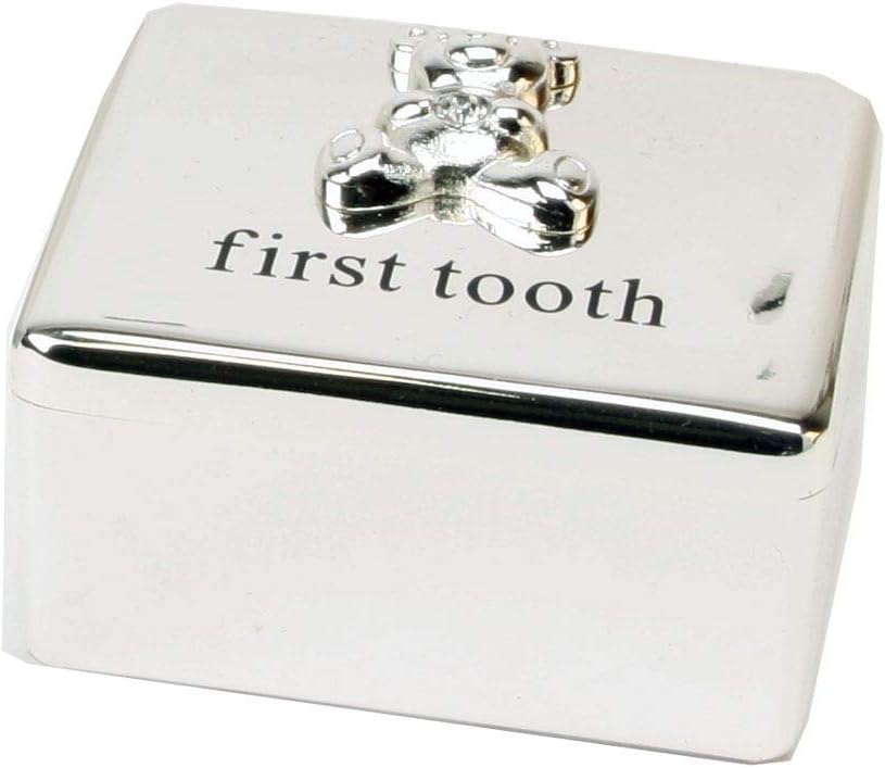 Bambino Baby Christening Gifts. Silverplated First Tooth Keepsake Box with Teddy Bear Decoration