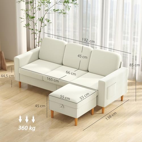HOMCOM Canapé 3 Places avec Repose-Pieds, canapé en Velours côtelé 192 cm, Design Moderne, Tabouret de Rangement, Coussins à Ressorts, Assise et Dossier rembourrés, pour Salon, Chambre, Bureau, Beige – Image 4