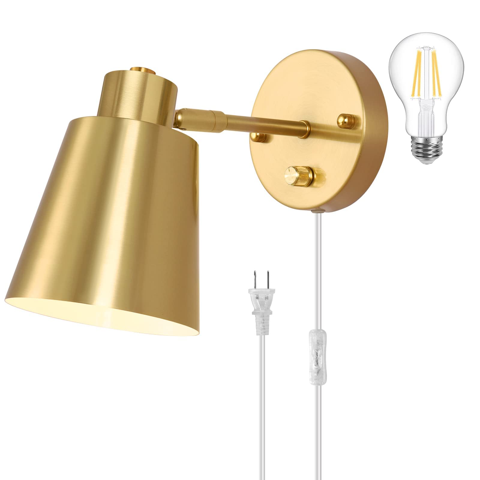 Dimmable Wall Sconce, Plug in Wall Sconce Adjustable Angle Wall Lights with Plug in Cord and Dimmer On/Off knob Switch, Gold Wall Mounted Light for Bedside Bedroom Doorway(1 Pack, 1 Bulb)