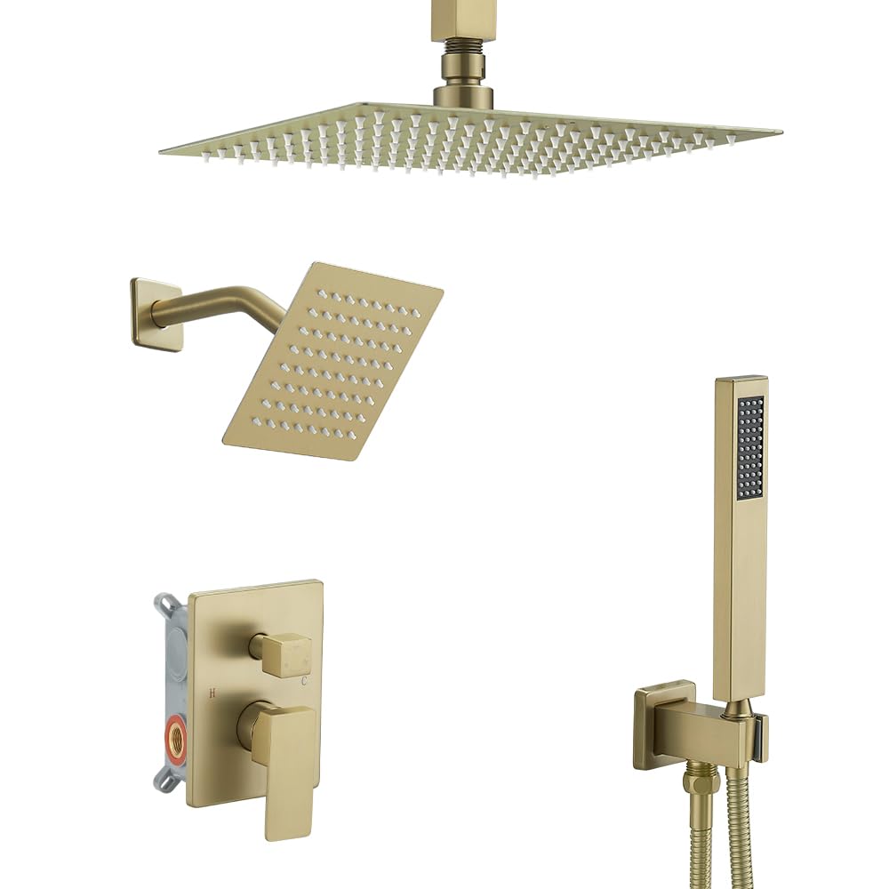 JingGang Shower Faucet Set Brushed Gold Shower System with Handheld, Ceiling Mount 10 Inch Shower Head with 6 Inch Wall Mount Shower Head
