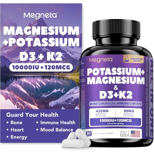 MEGNETA Magnesium Potassium Vitamin D3 K2 10000IU Supplement - Supports Bone, Heart, Immune Health, Mood Balance & Energy for Women & Men - Enhanced Absorption, Non-GMO - 60 Capsules